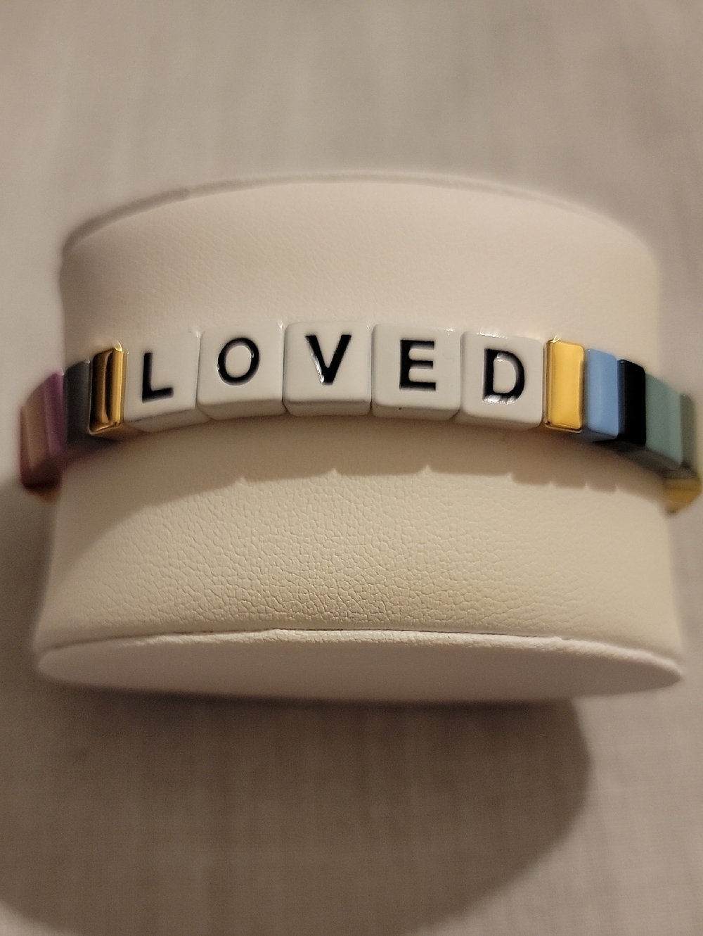 Origami "Loved" Tile Stretch Bracelet - Pastel Multi & Gold Accent